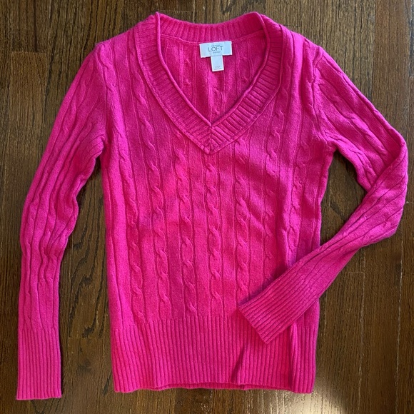 LOFT Pink V-Neck Cable Knit Sweater XSP - EUC - Picture 1 of 3